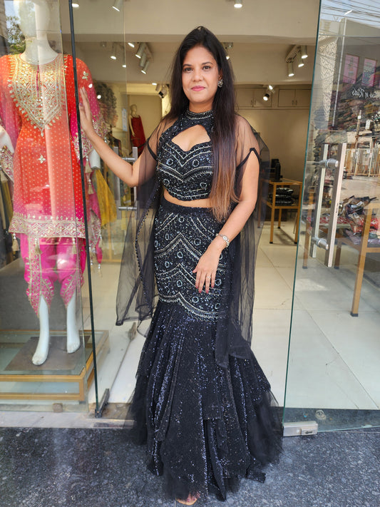 Black mermaid fishcut indowestern lehenga set