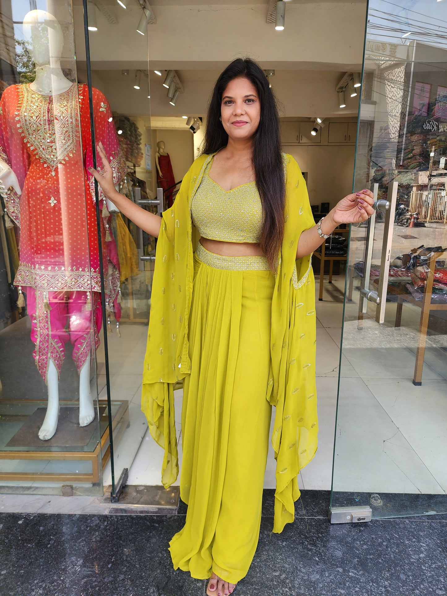 Lime green 3pc cape indowestern dress