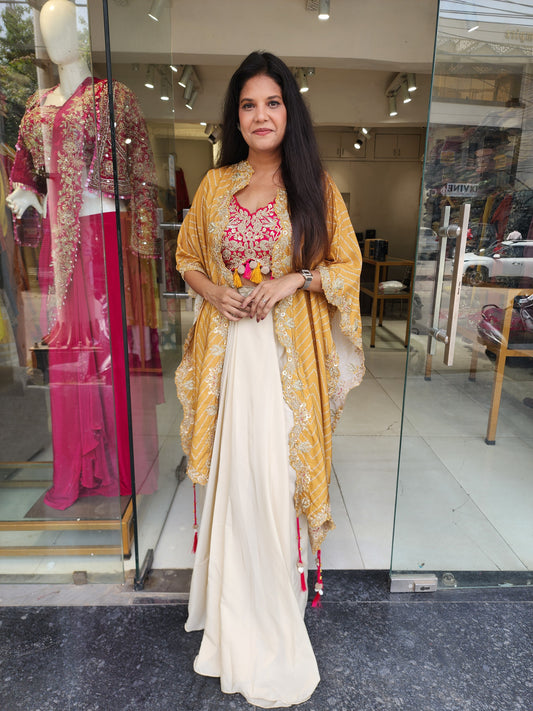 Mustard cape 3d indowestern cowl dress