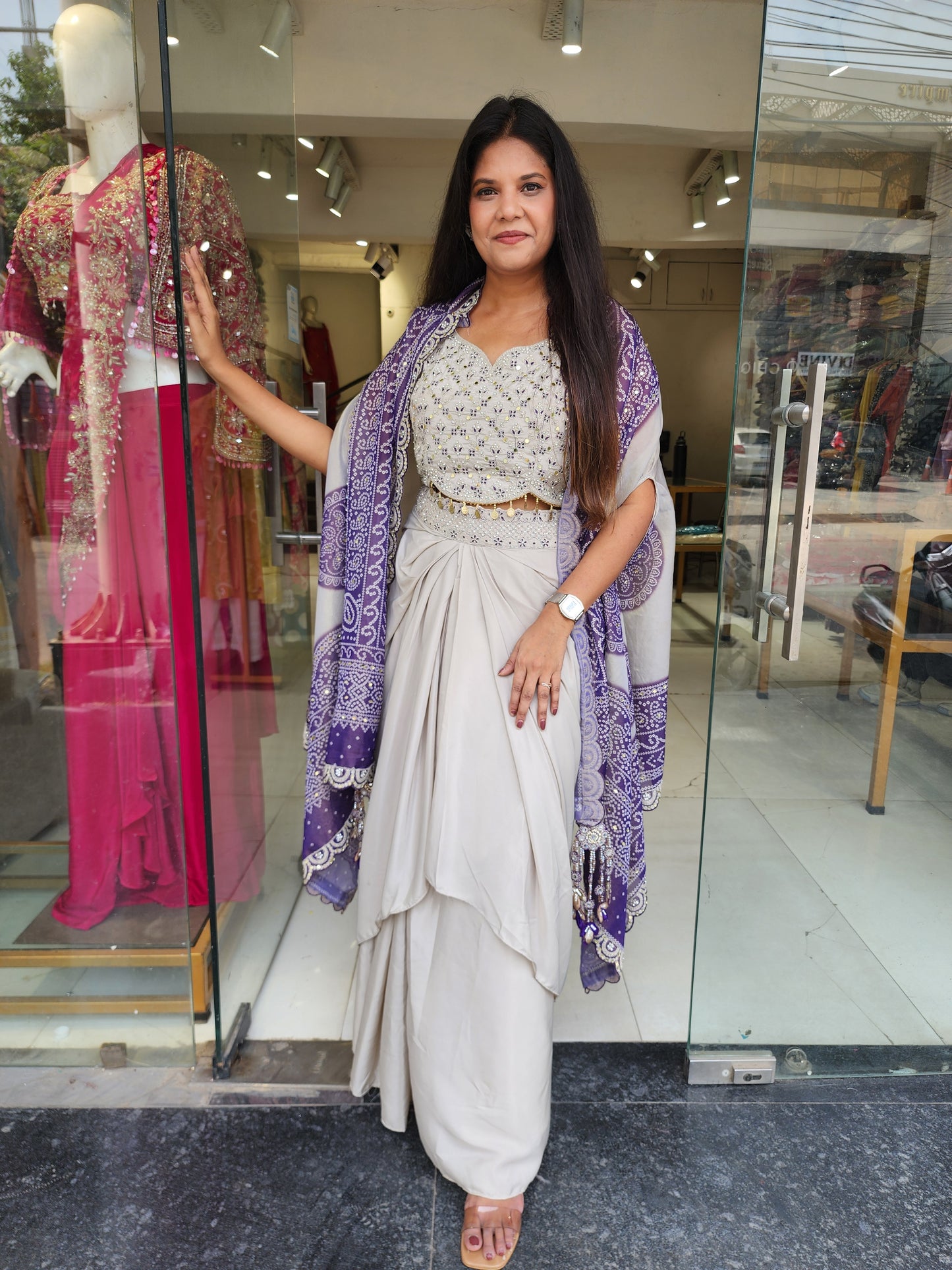 Purple bandhani cape cowl dress
