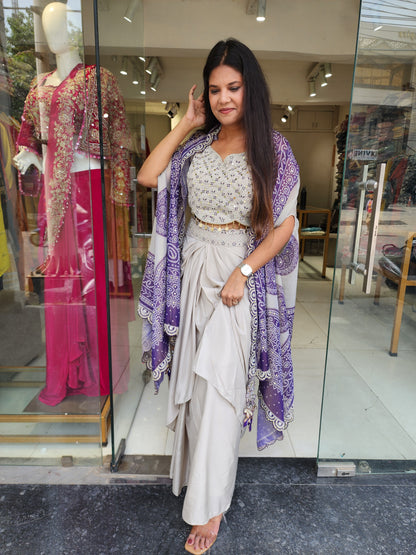 Purple bandhani cape cowl dress