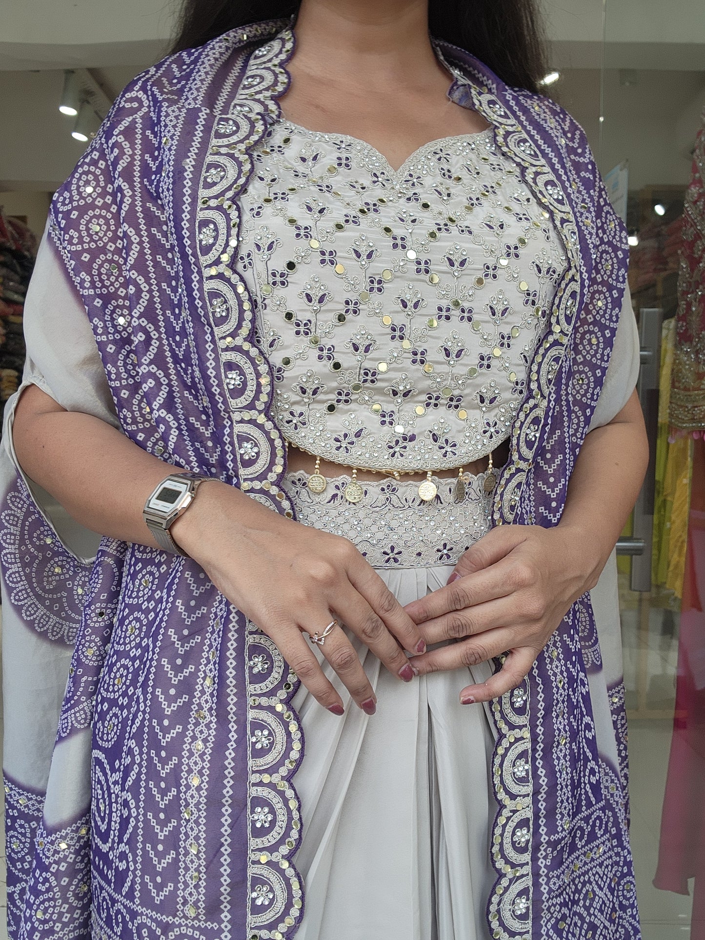 Purple bandhani cape cowl dress