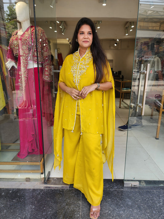 Yellow 3pc cape indowestern dress