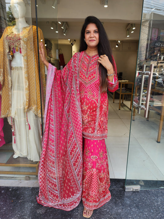 Cherry red digital print sharara set