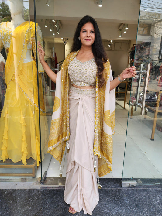 Malti yellow bandhani cape indowestern cowl dress