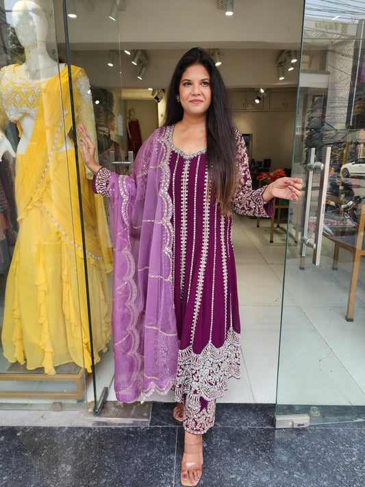 Wine anarkali with contrast dupatta