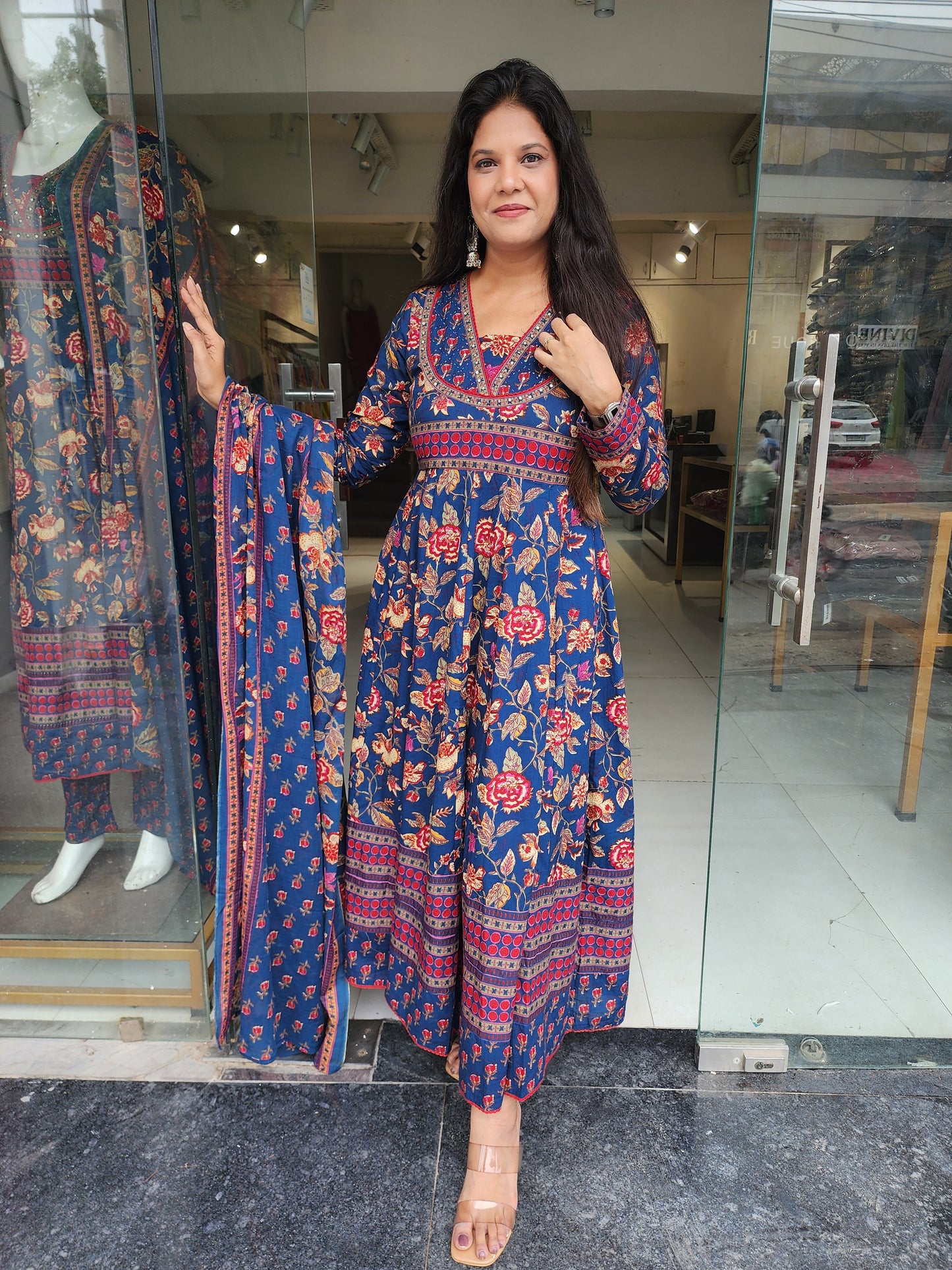Blue floral 3pc anarkali suit with pants