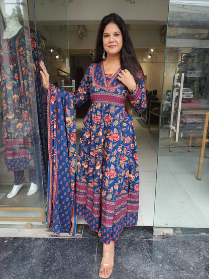 Blue floral 3pc anarkali suit with pants