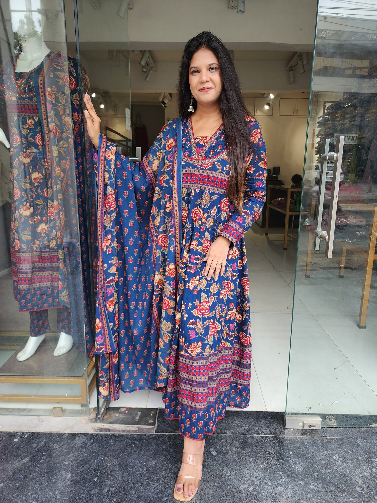 Blue floral 3pc anarkali suit with pants