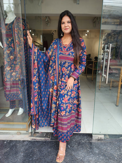 Blue floral 3pc anarkali suit with pants