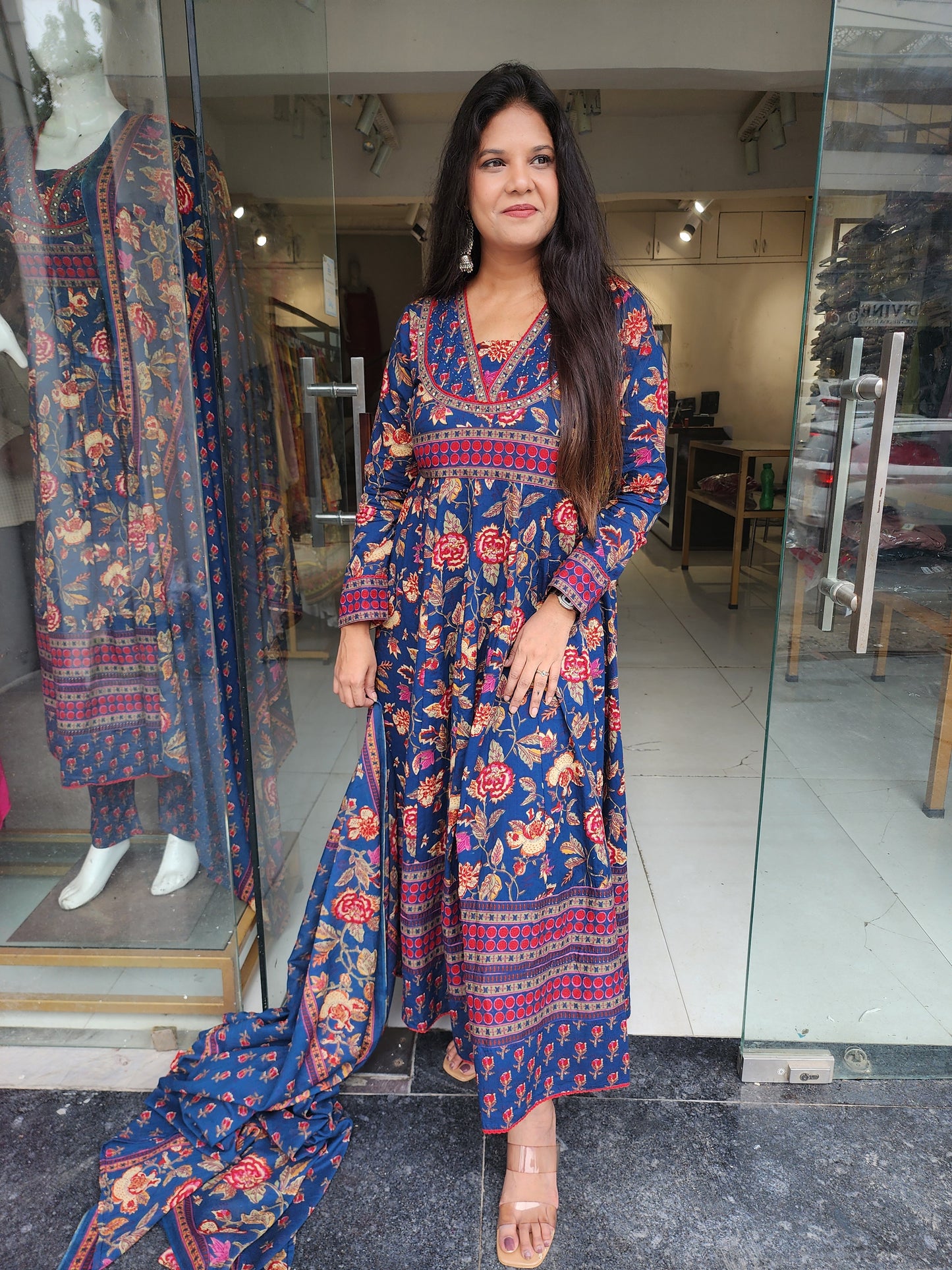 Blue floral 3pc anarkali suit with pants
