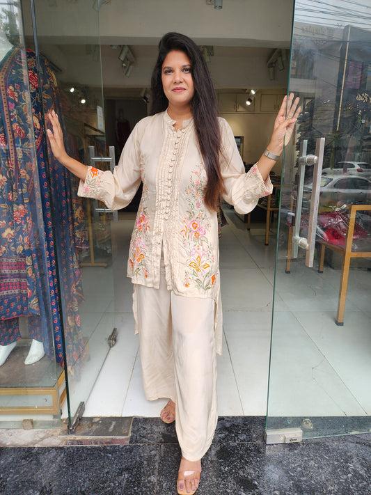 Ivory high low Embroided co-ord set