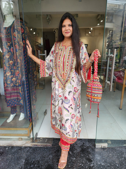 Kalamkari banjara kaftan co-ord with potli