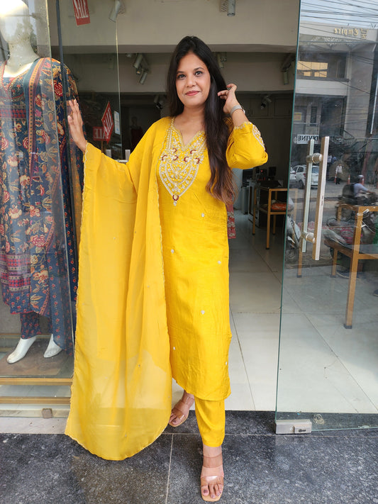 Mango yellow embellished straight cut suit