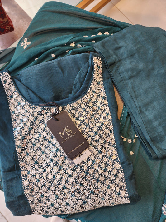 Blue mirror work straight suit