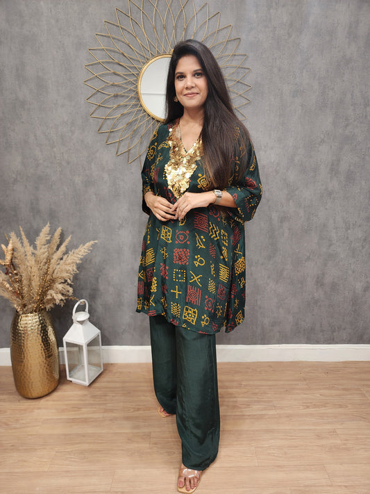 Green bandhani crepe baggy co-ord set