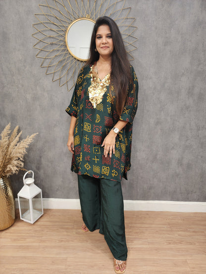 Green bandhani crepe baggy co-ord set