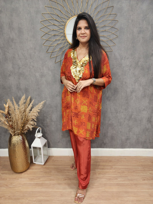V neck orange crepe baggy co-ord set