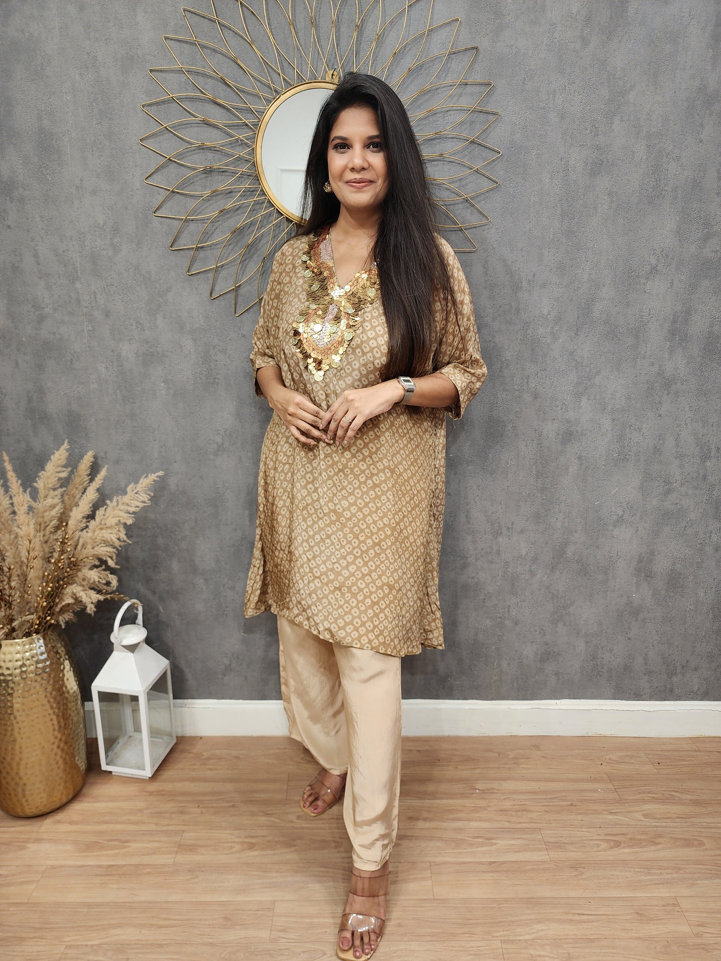 Gold Brown printed crepe co-ord set
