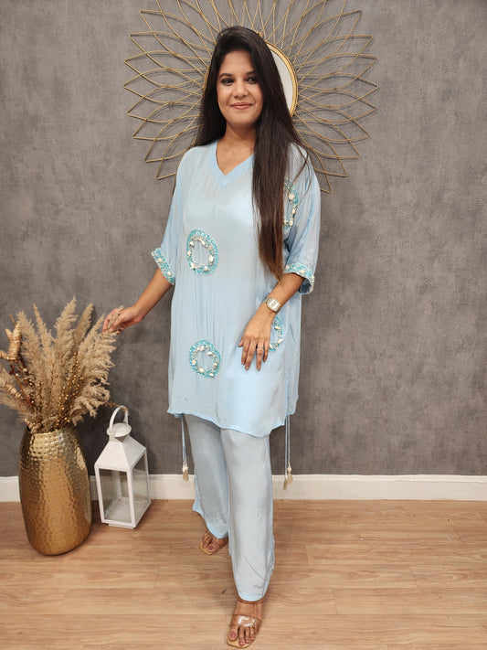 Nude blue Embroided crepe baggy co-ord set