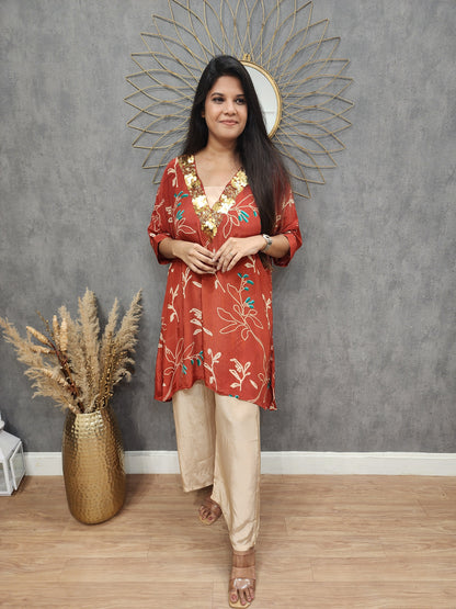 Brick red v neck printed baggy co- ord set