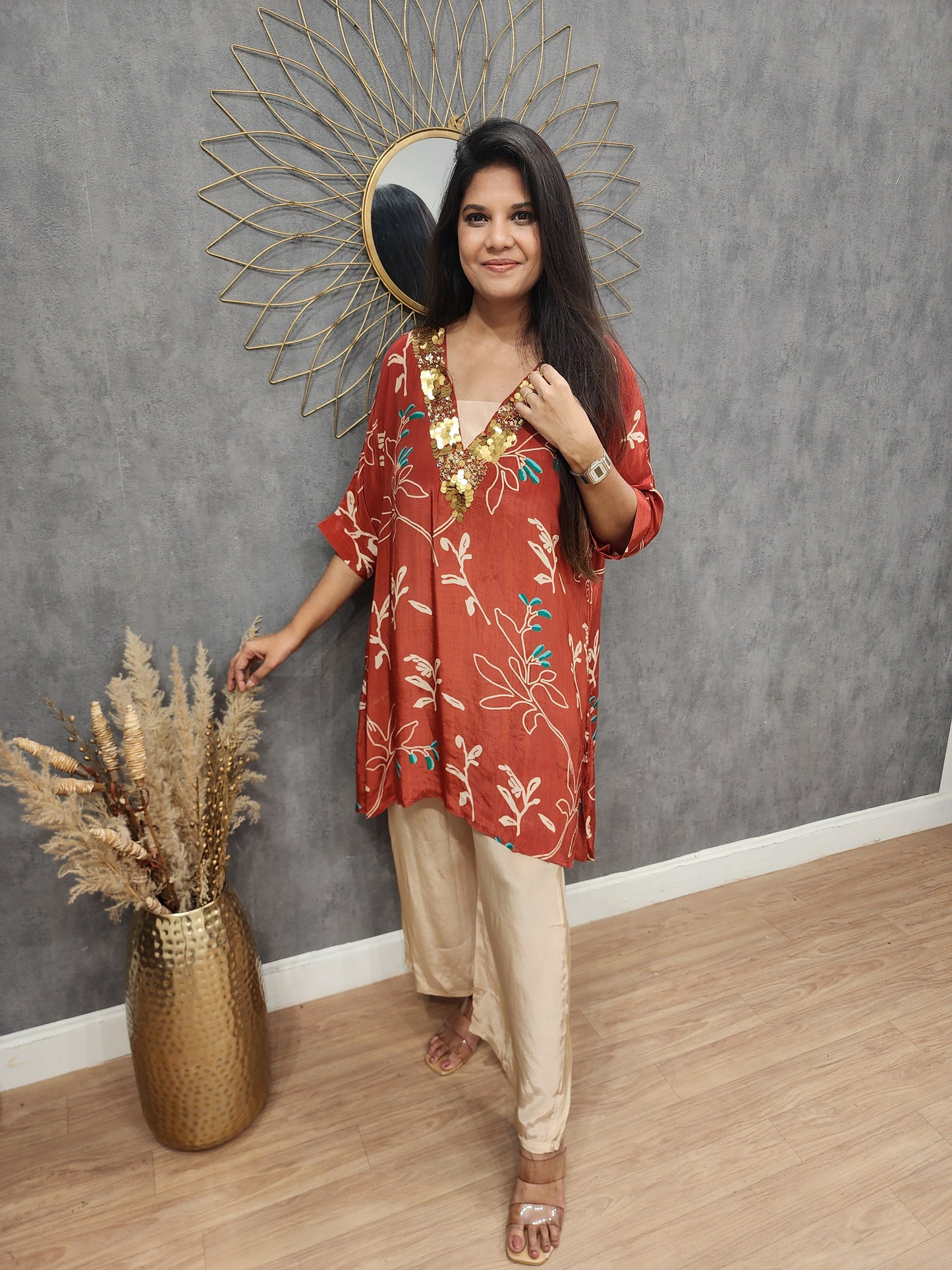 Brick red v neck printed baggy co- ord set