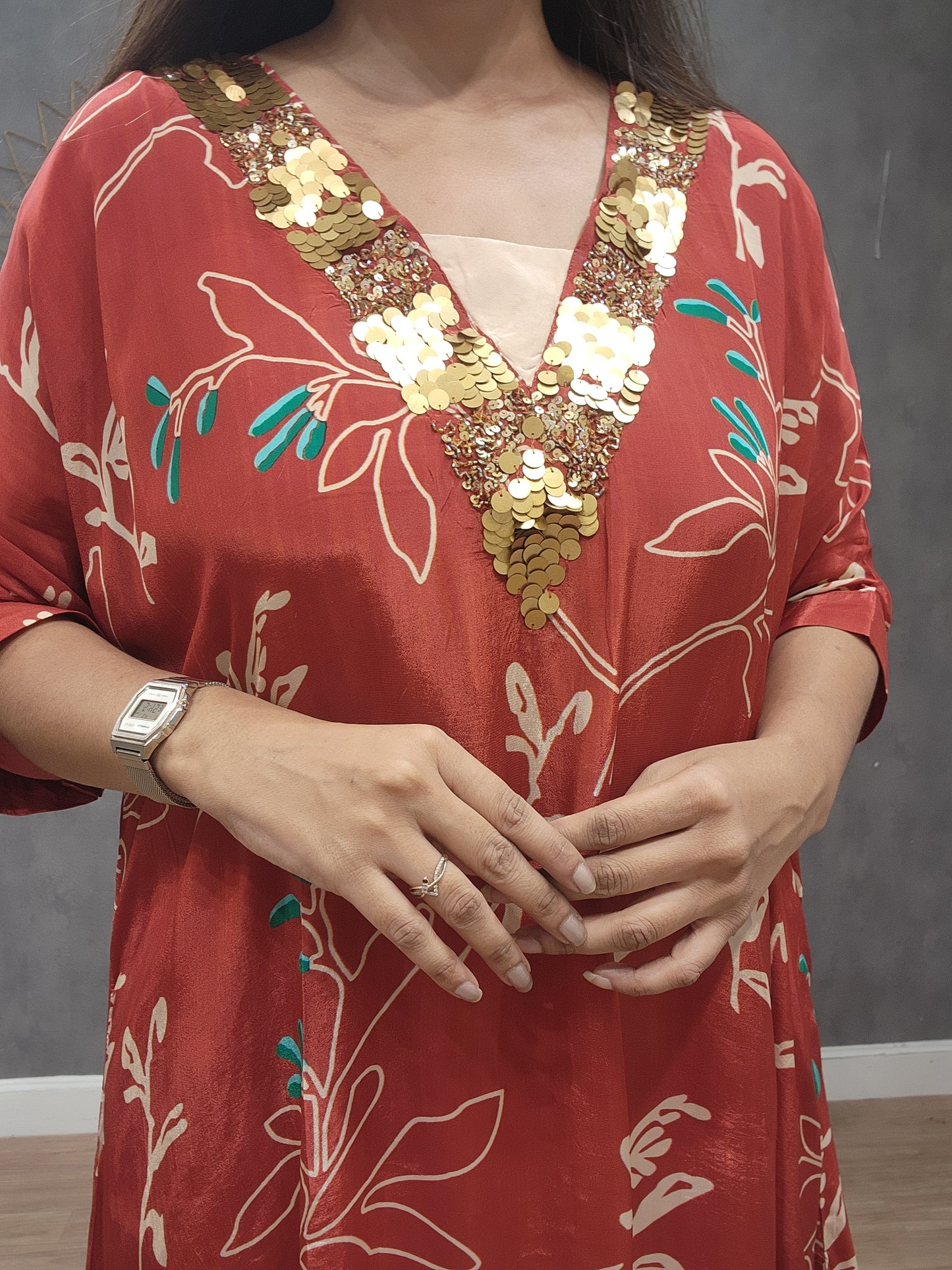 Brick red v neck printed baggy co- ord set