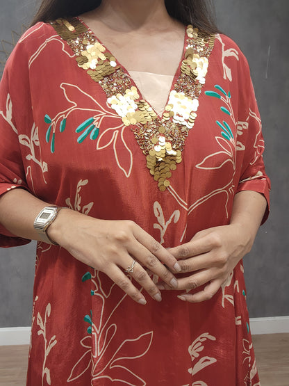 Brick red v neck printed baggy co- ord set