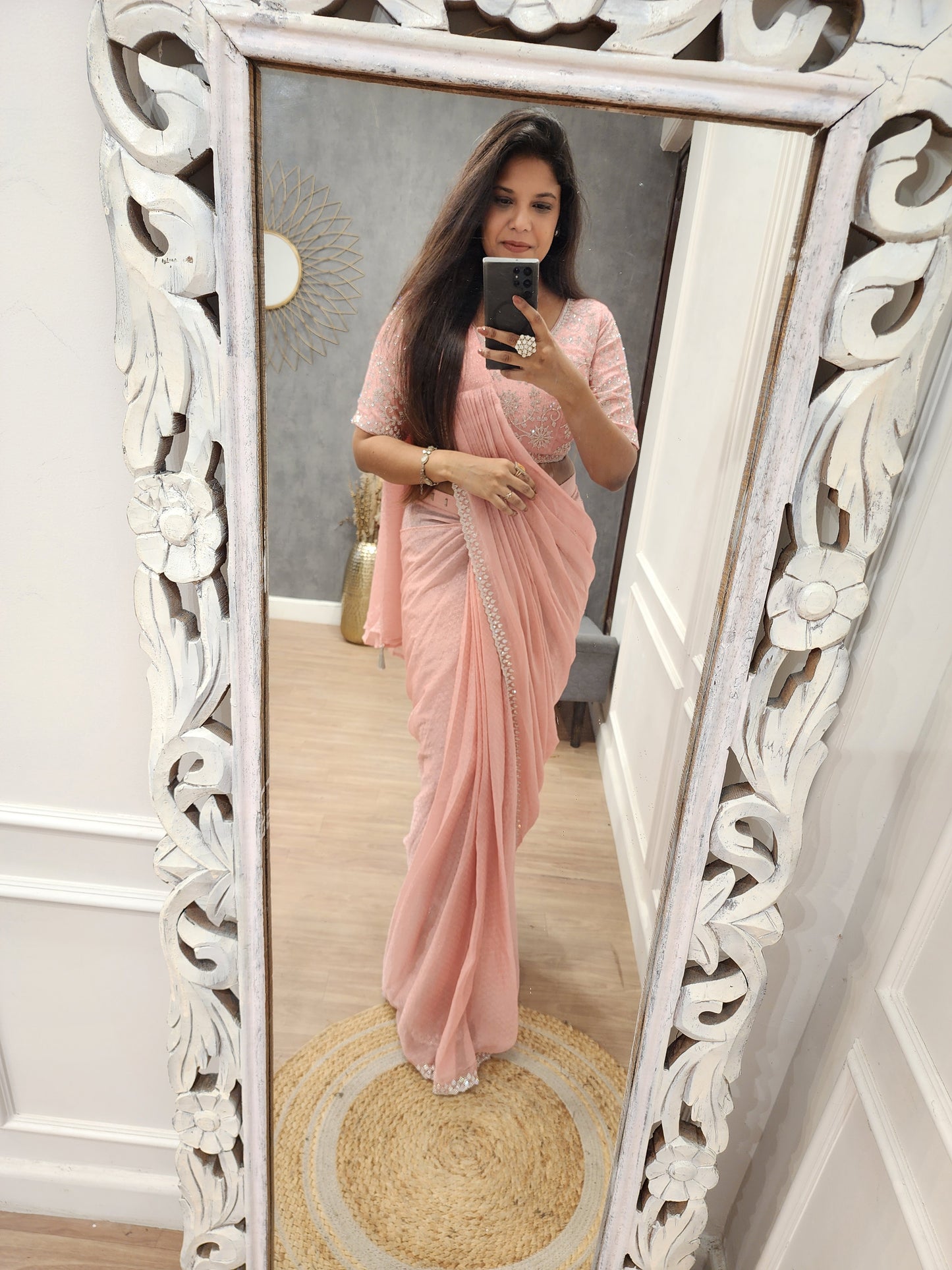 Nude peach siroski drape saree