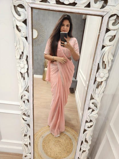 Nude peach siroski drape saree