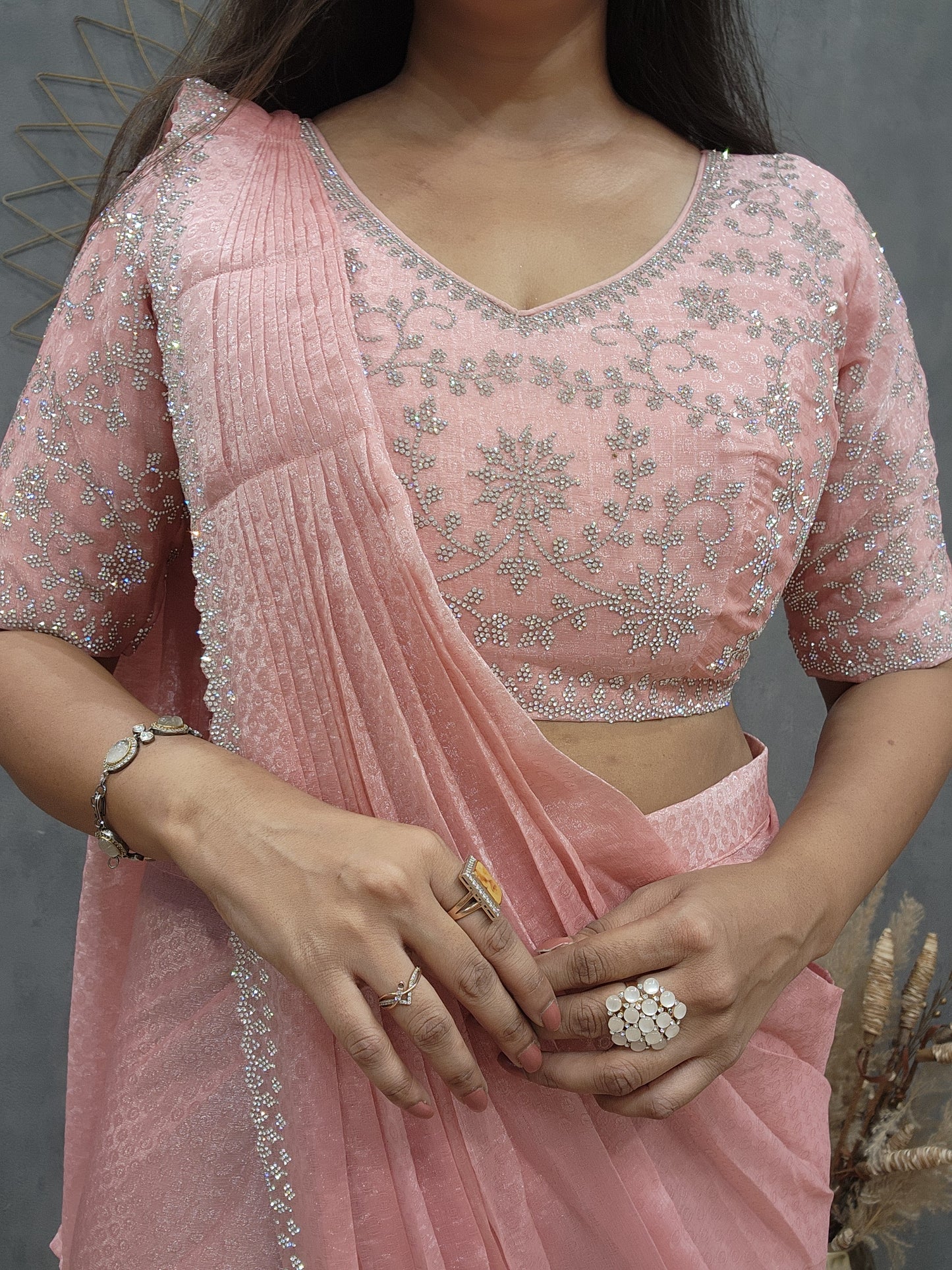 Nude peach siroski drape saree