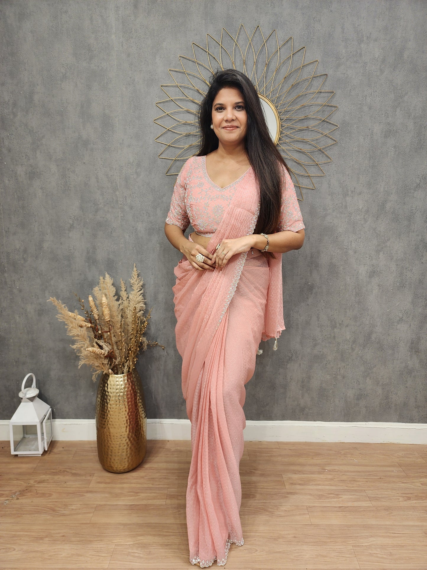 Nude peach siroski drape saree