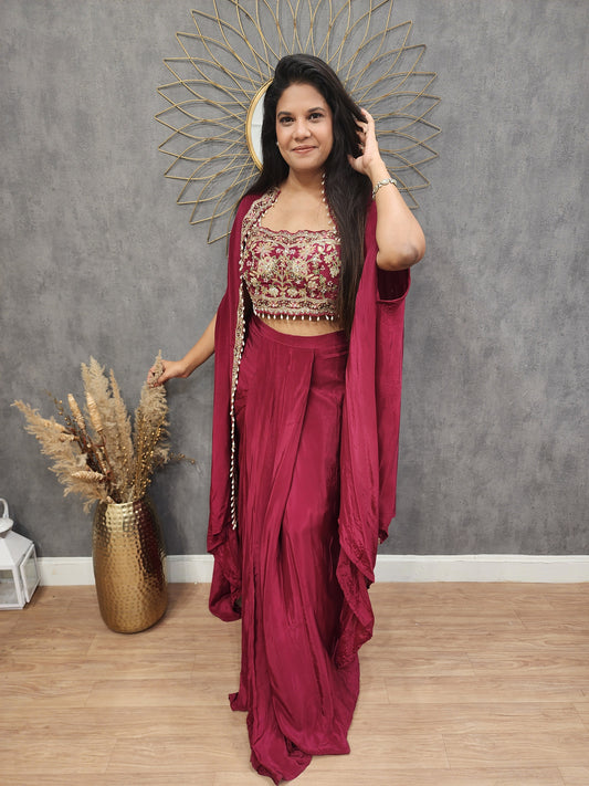 Heer metallick maroon cape indowestern dress