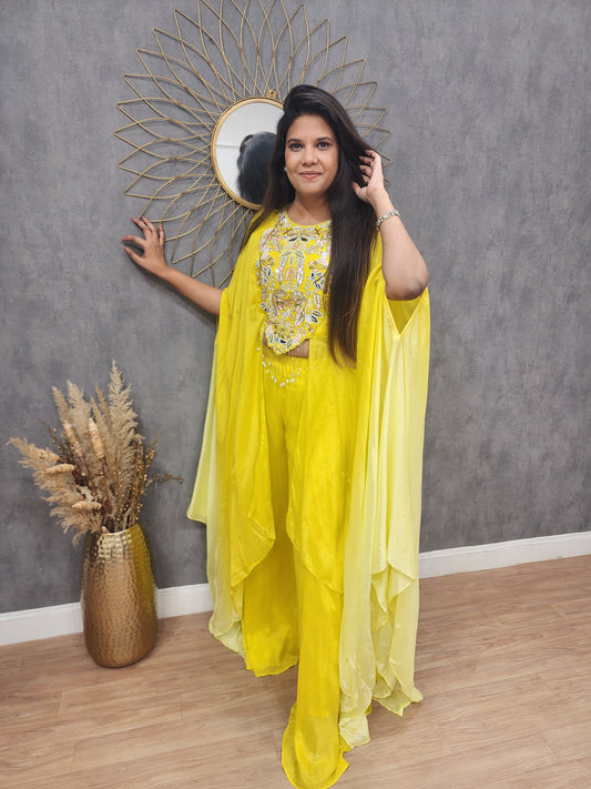 Yellow ombre cape Embroided dress