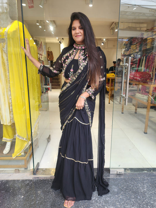 Black hina Embroided drape saree