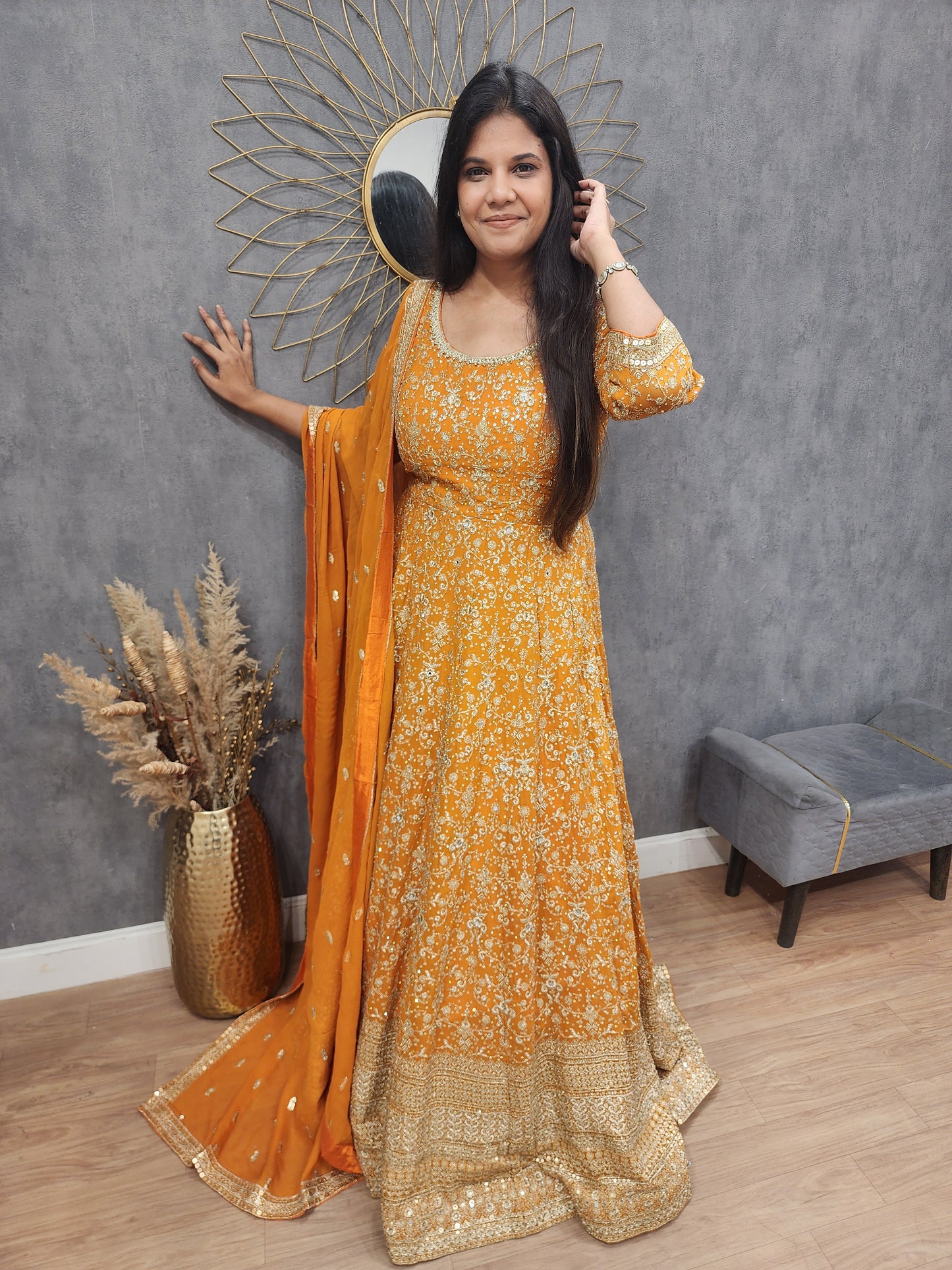 Meera orange anarkali suit