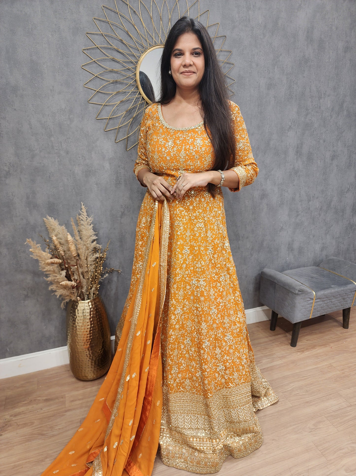 Meera orange anarkali suit