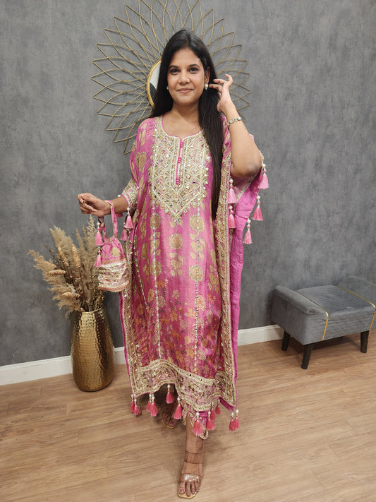 Sheesh floral print kaftan with tulip and potli