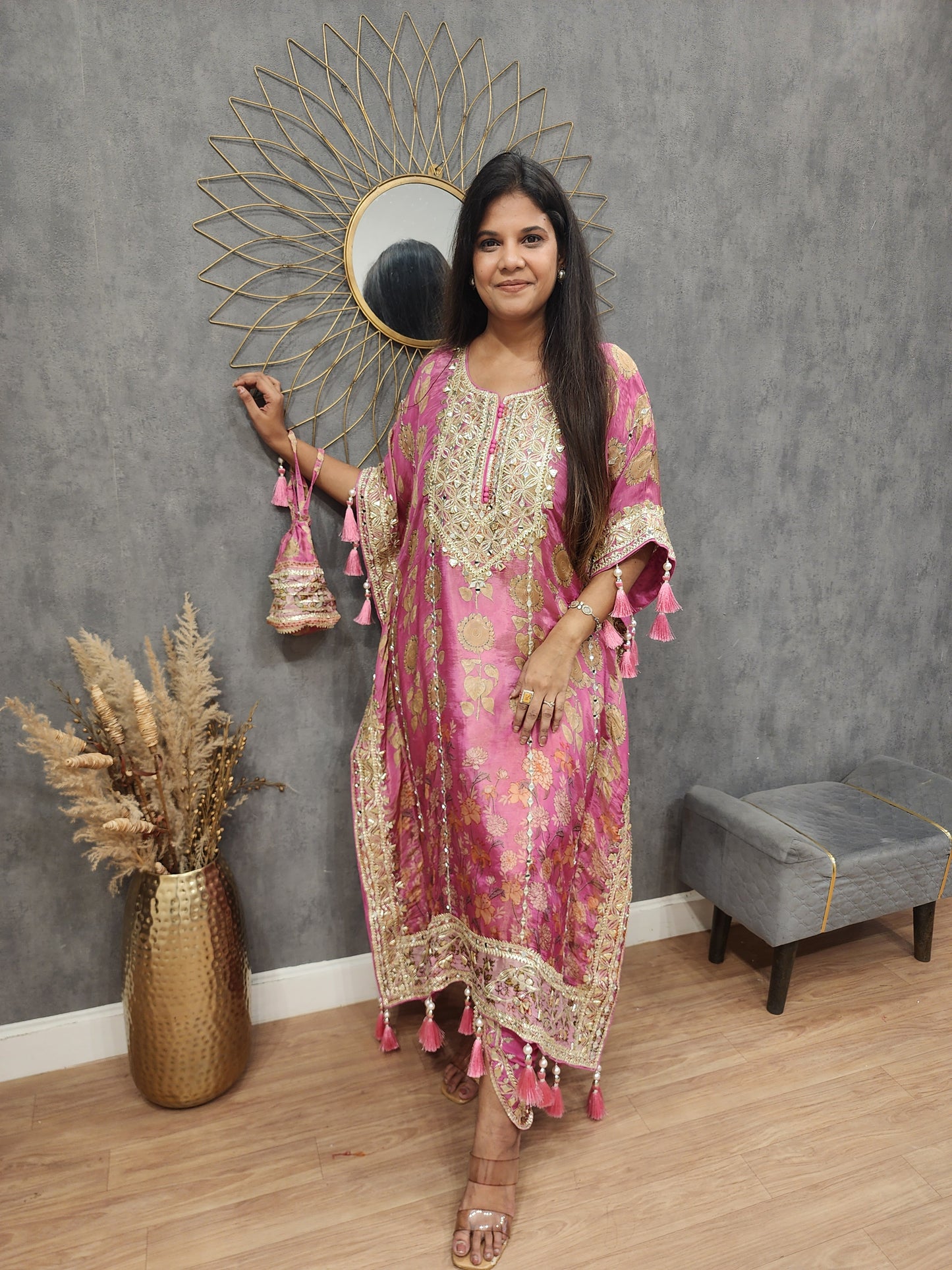 Sheesh floral print kaftan with tulip and potli