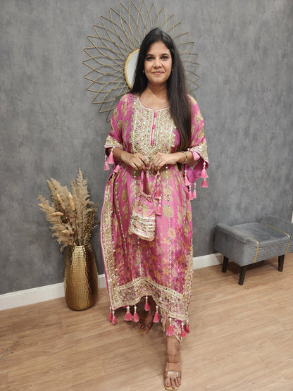 Sheesh floral print kaftan with tulip and potli