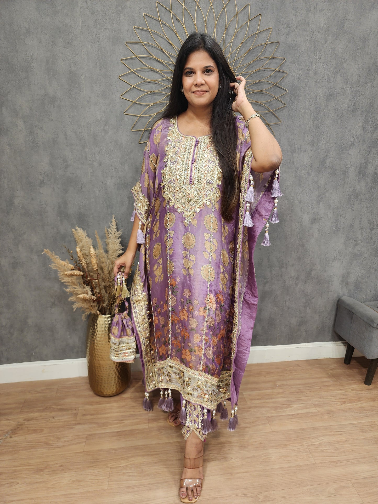 Sheesh floral print kaftan with tulip and potli
