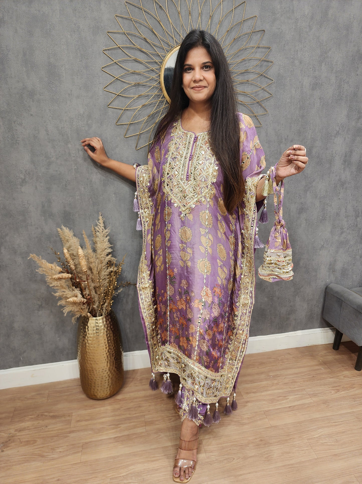 Sheesh floral print kaftan with tulip and potli
