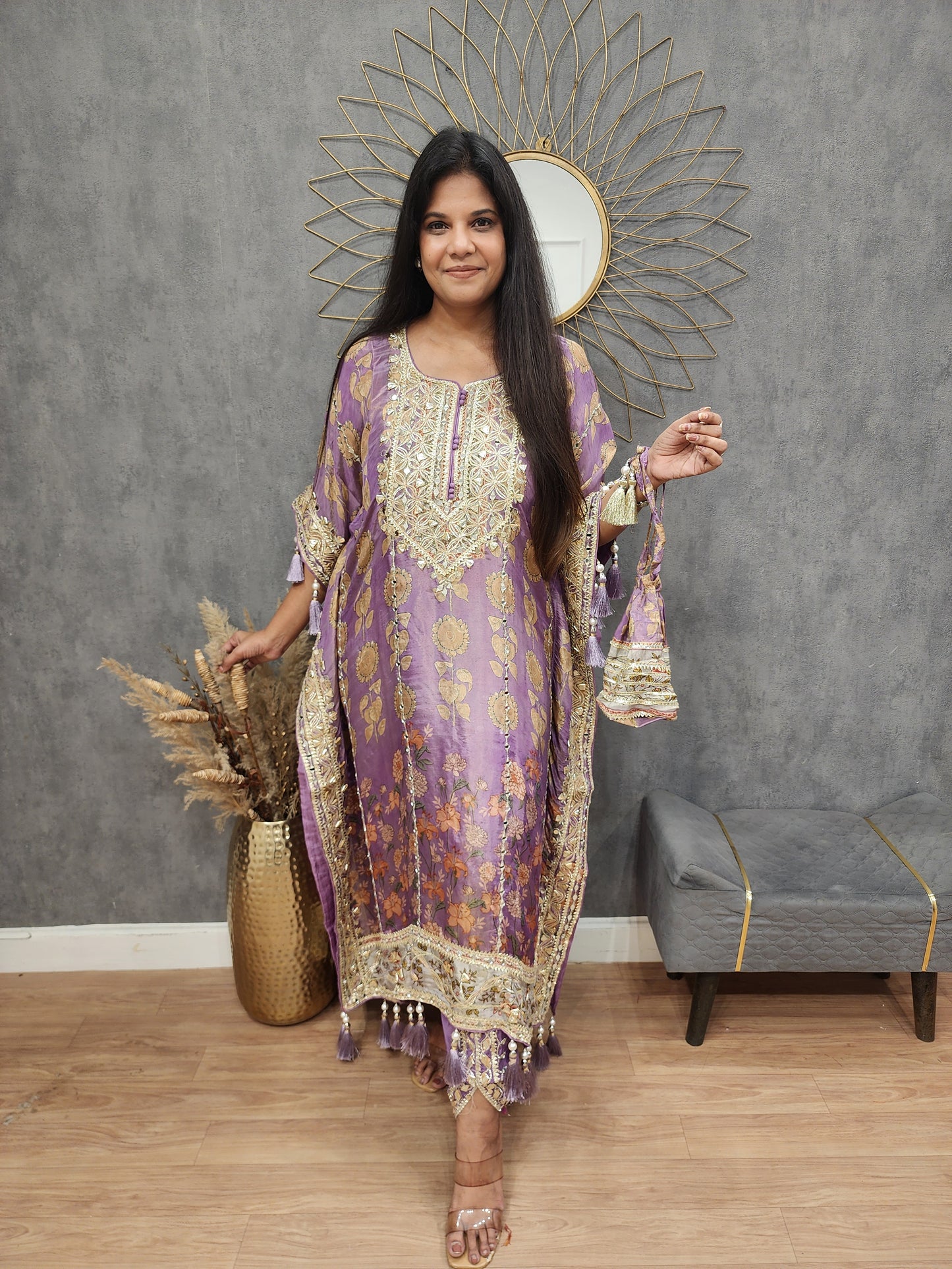 Sheesh floral print kaftan with tulip and potli