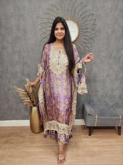 Sheesh floral print kaftan with tulip and potli