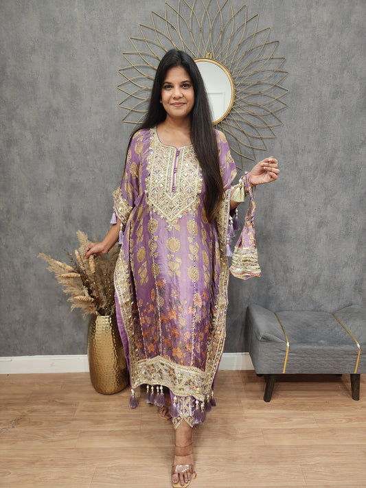 Sheesh floral print kaftan with tulip and potli