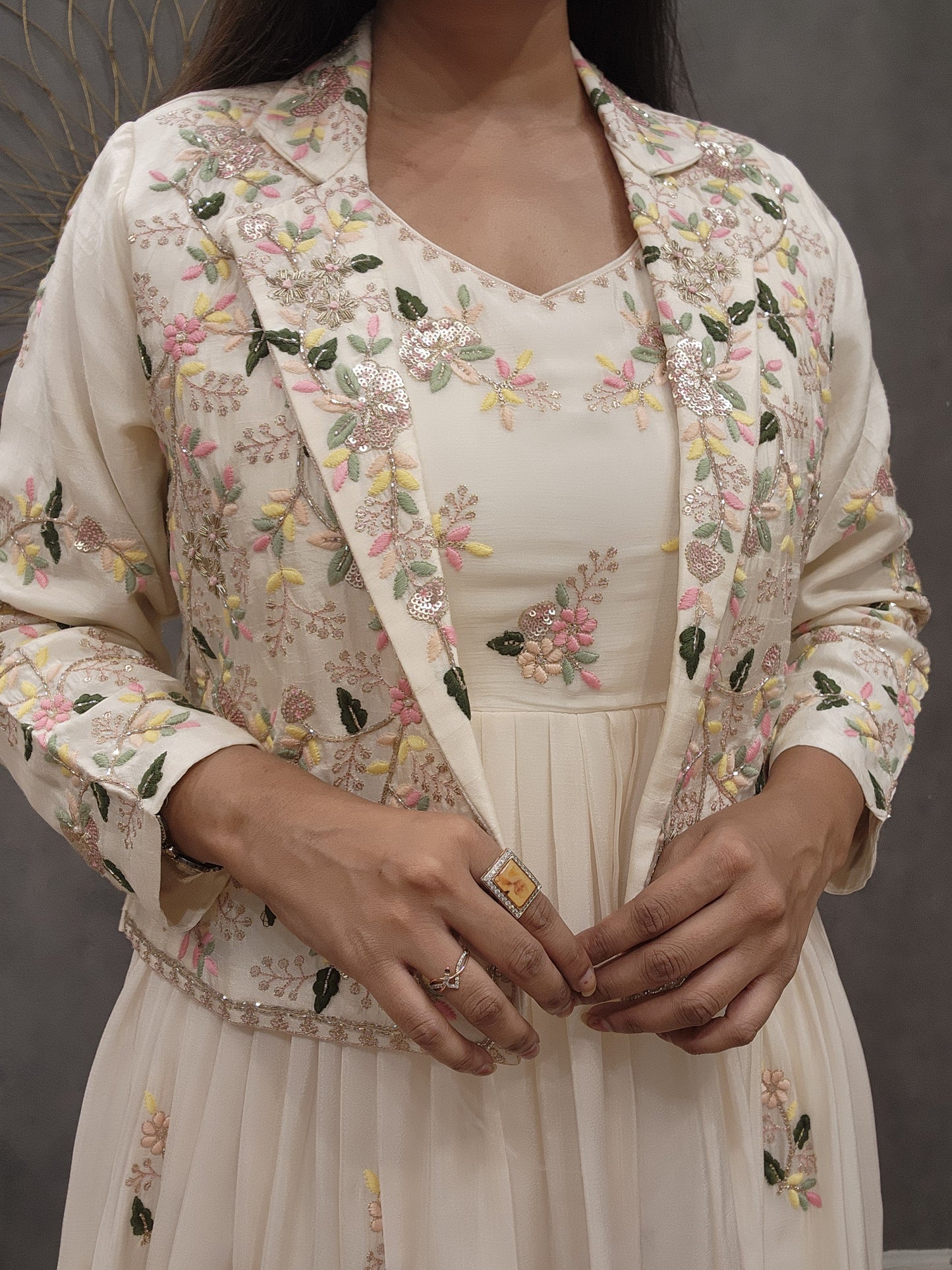 Off white Embroided short jacket maxi gown