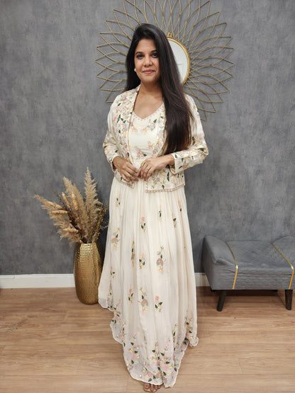 Off white Embroided short jacket maxi gown