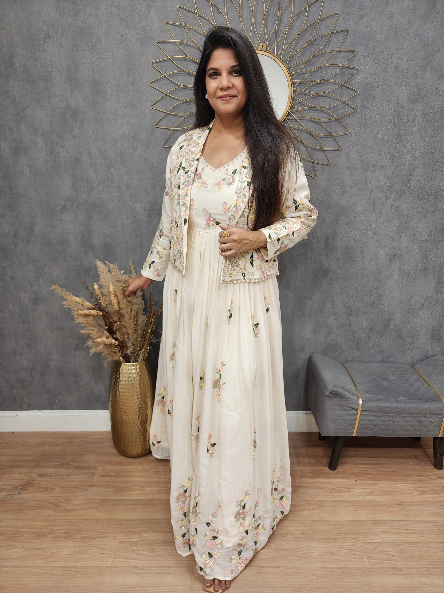 Off white Embroided short jacket maxi gown