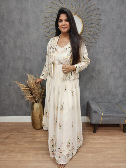 Off white Embroided short jacket maxi gown