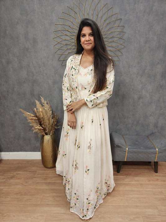 Off white Embroided short jacket maxi gown